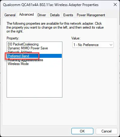 How To Fix Missing Preferred Band Option From Windows Wi-Fi Properties 1 Preferred Band option in Wi Fi properties