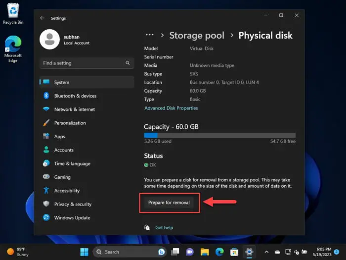 Prepare disk for removal