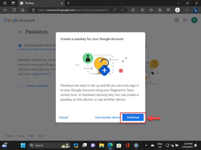 Proceed to create a passkey