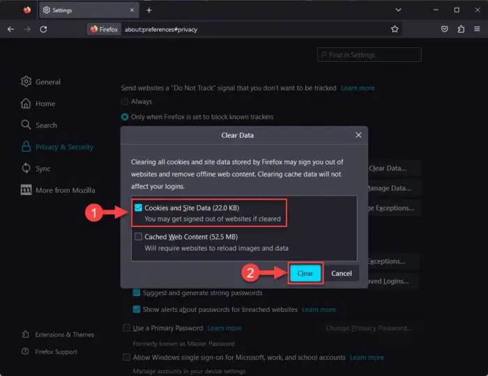 Remove cookies for all websites on Mozilla Firefox