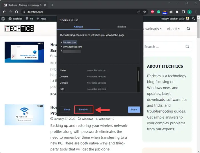 Remove cookies for specific website