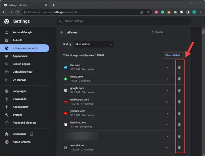 Remove cookies for specific website from Chrome settings