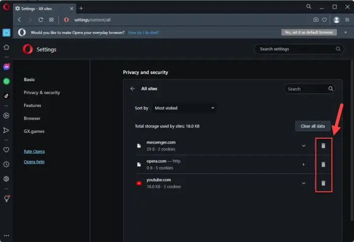 Remove cookies for specific website from Opera settings