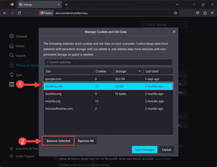 Remove cookies for specific website on Mozilla Firefox