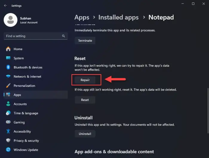 Repair the app