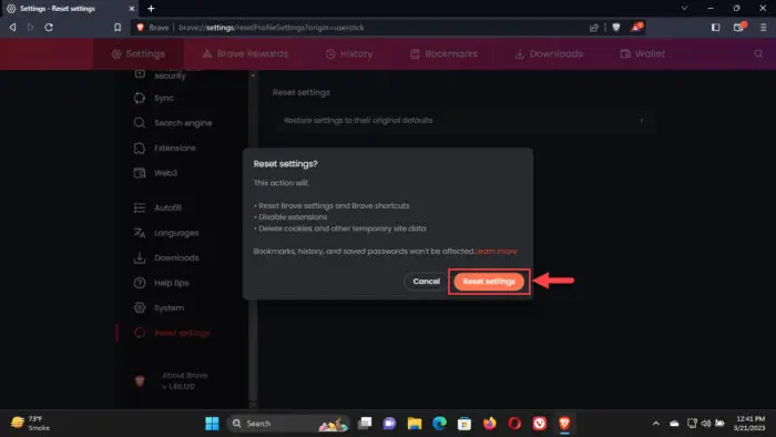 Reset Brav to default settings