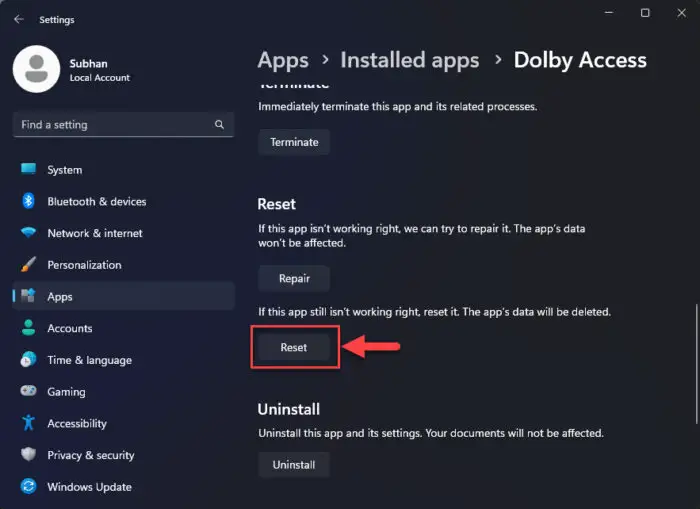 Reset Dolby Access