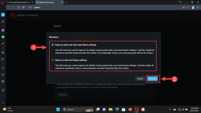 Reset Opera browser