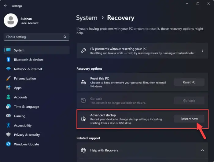Restart computer for advanced startup