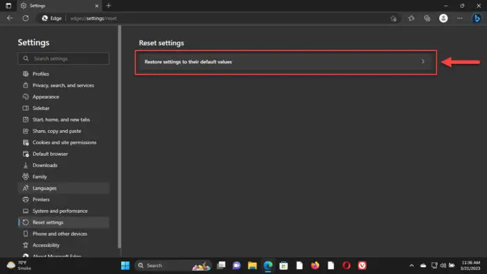Restore Edge to default settings