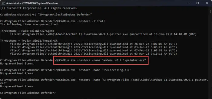 Restore quarantined items using Command Prompt