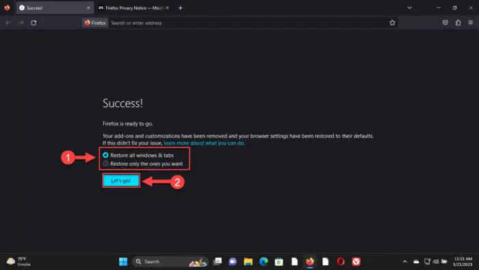 Restore tabs after resetting Firefox