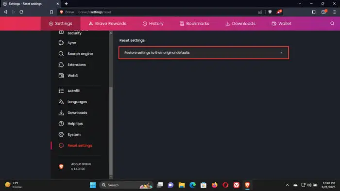 Restore the Brave browser