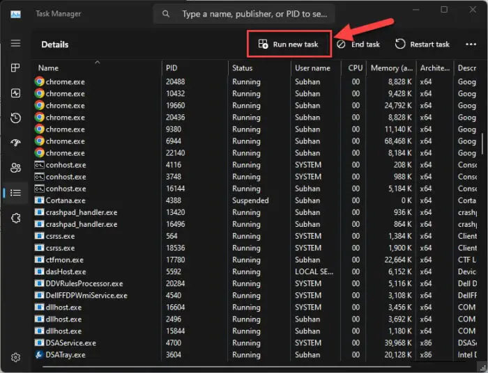Run a new task from Task Manager