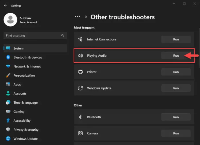 Run audio troubleshooter
