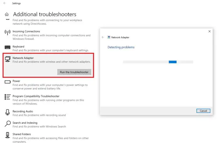 Run network adapter troubleshooter