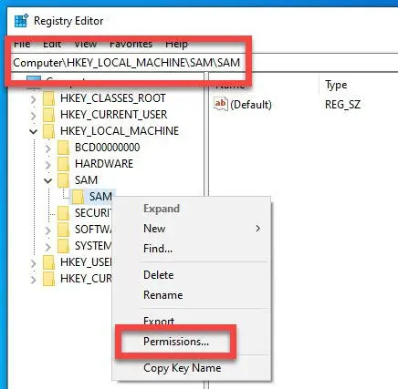 SAM registry permissions