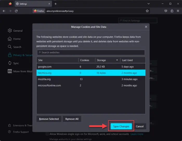Save changes to cookies