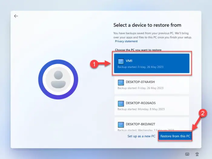 Select a backup to restore