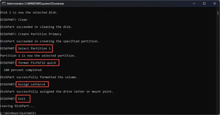 Select and format partition assign drive letter and exit Diskpart