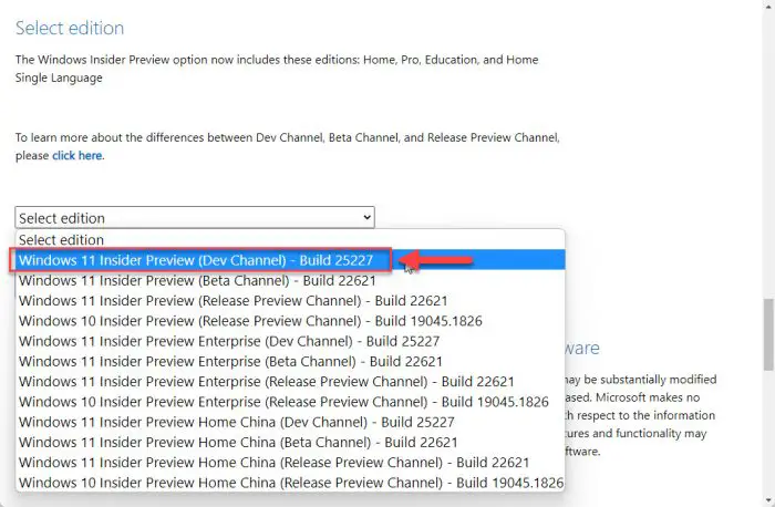 Select the Windows Insider build to download