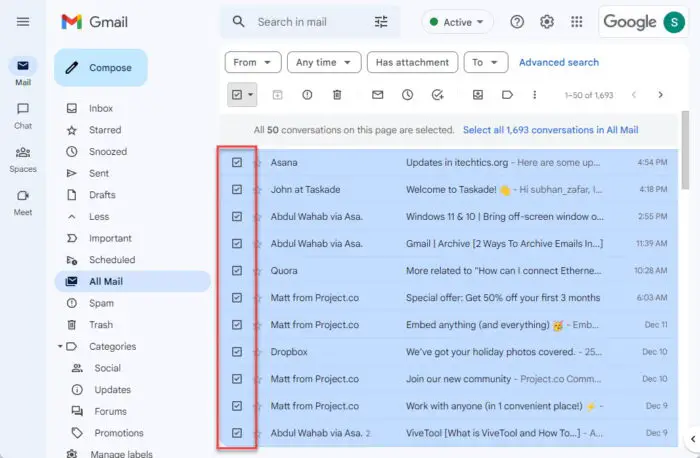 Select emails to unarchive