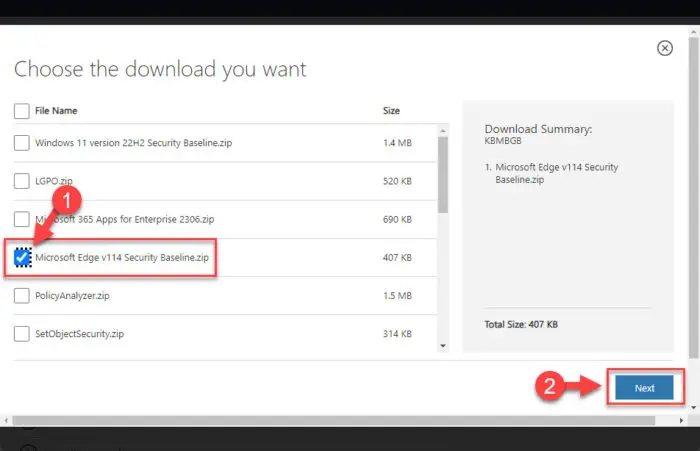 Select Microsoft Edge 114 Security Baseline to download