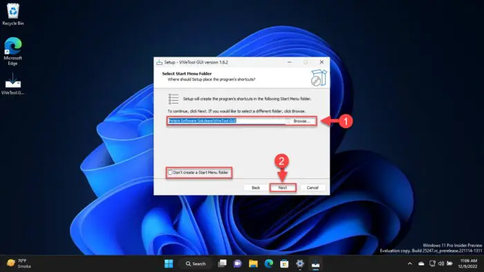 Select Start menu folder location
