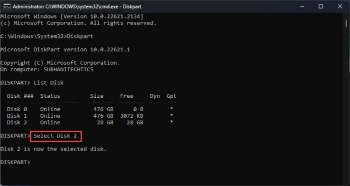 Select the disk