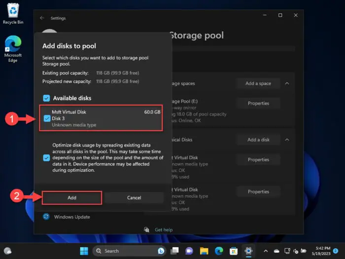 Select the disk to add to the storage pool