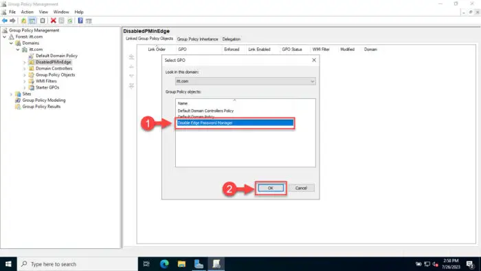 Select the GPO to disable Password Manager in Edge
