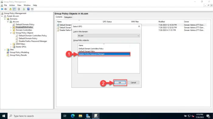 Select the GPO to disable Password Manager in Firefox