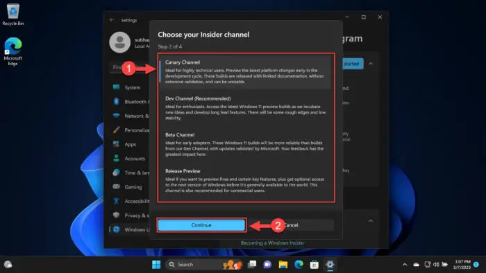 Select the Windows Insider Channel to join