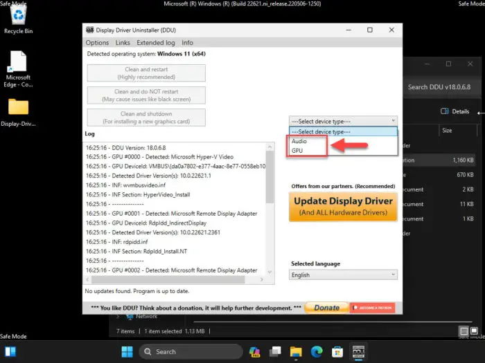 Select type of driver to remove