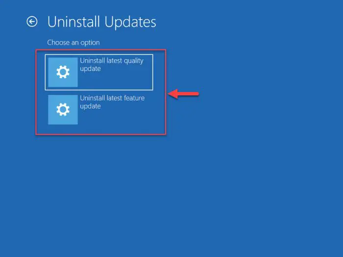 Select type of update to uninstall