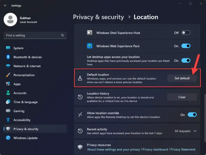 Set a default location