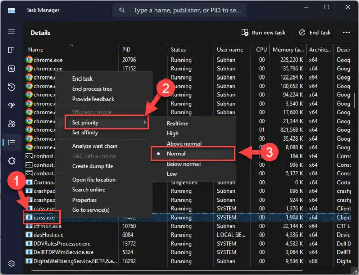 Set csrss exe priority to Normal