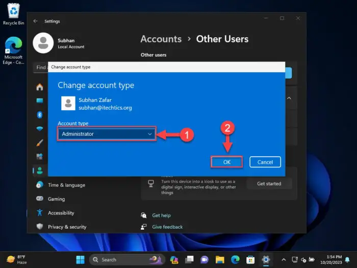 Set the standard account as an administrator account