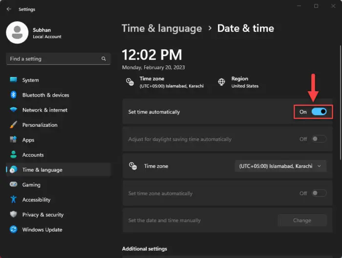 Set time automatically