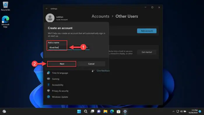 Set up kiosk account