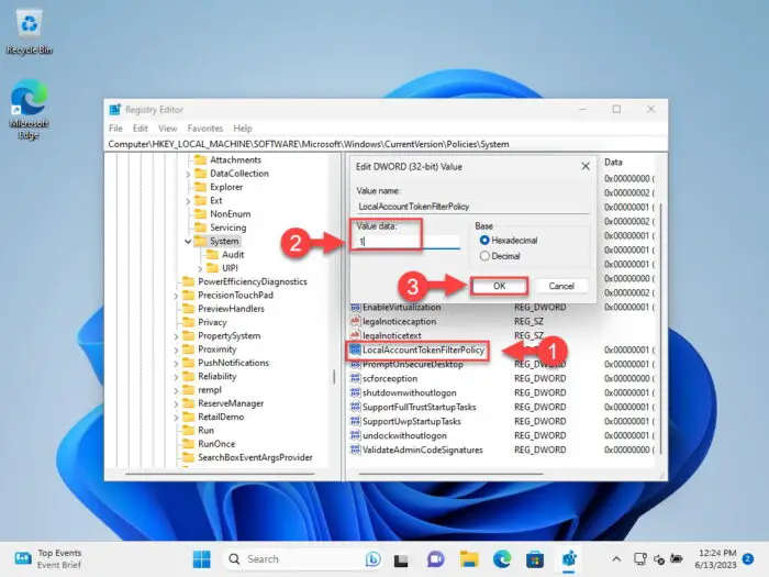 Set Value Data for LocalAccountTokenFilterPolicy to 1