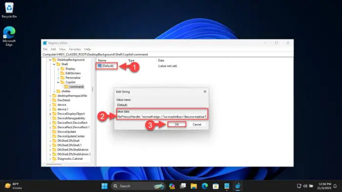 Set value of the Default string in the command key