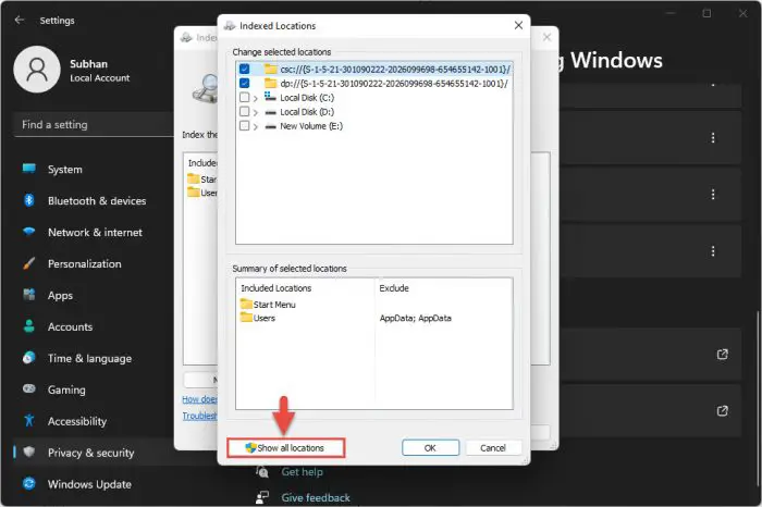 Show all indexing locations