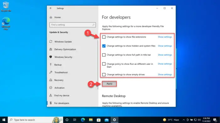 Show hidden items from Settings app