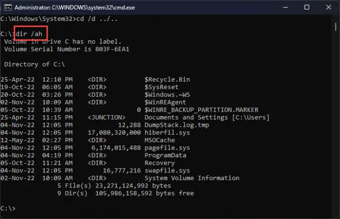 Show hidden items in Command Prompt