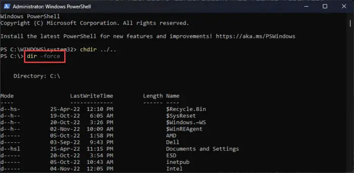 Show hidden items in PowerShell