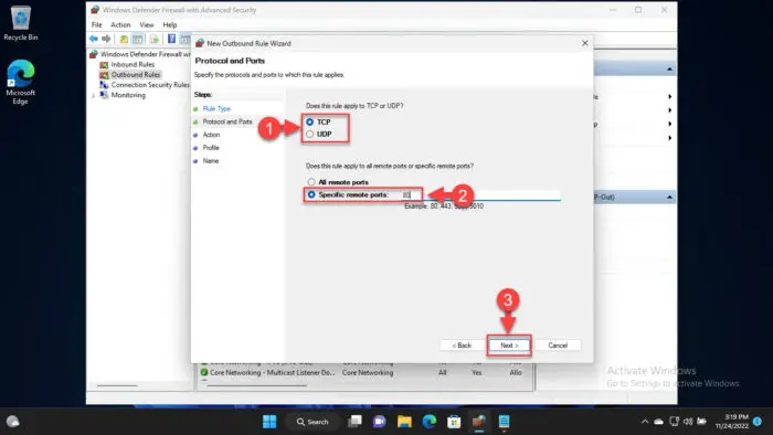 Specify port number and type 1
