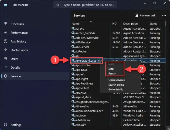 Start Stop or Restart Windows Service from the Task Manager