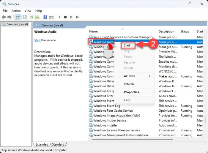 Start the Windows Audio service