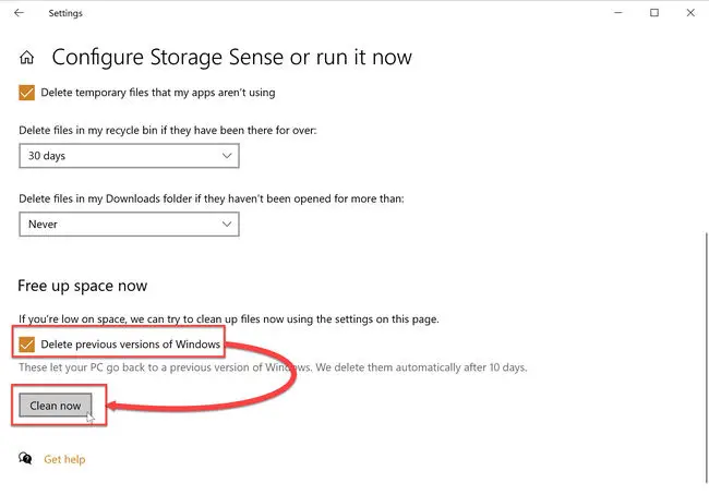 Delete previous Windows installation after Windows 10 May 2020 Update To Save Space 2 Storage Sense clean now